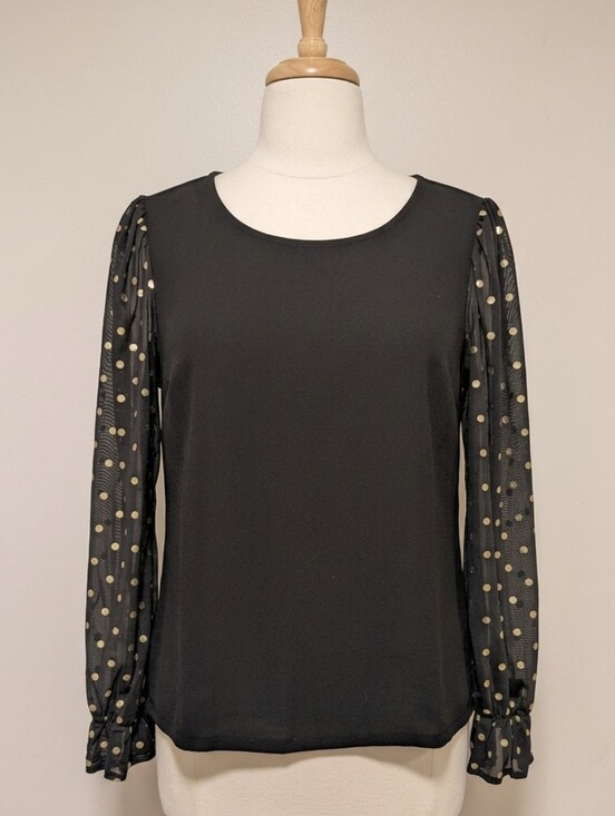 Madison Tops - Madison Blouse With Sheer Gold Polka Dots Sleeves Medium